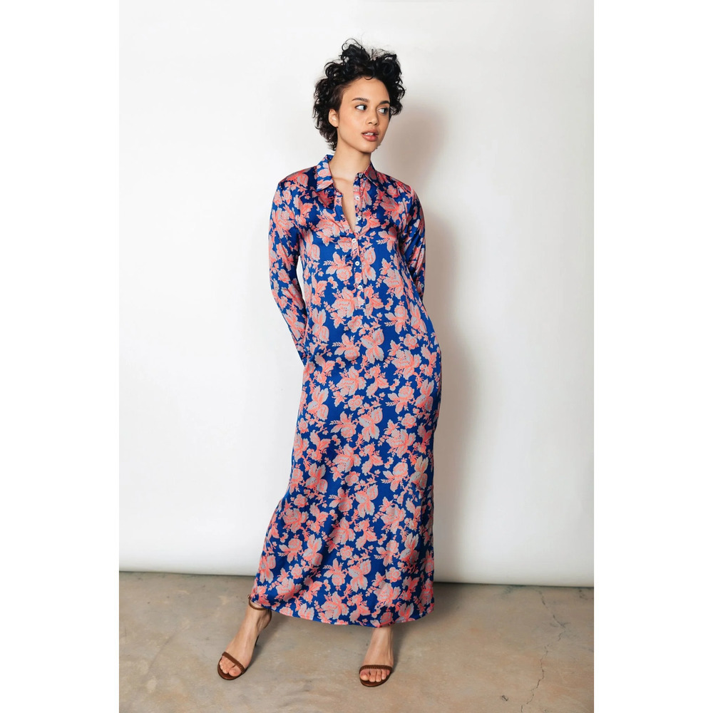 Chloe Kristyn Morgan Dress Long Sleeve Collared Belted Maxi Navy Floral NWT XS
